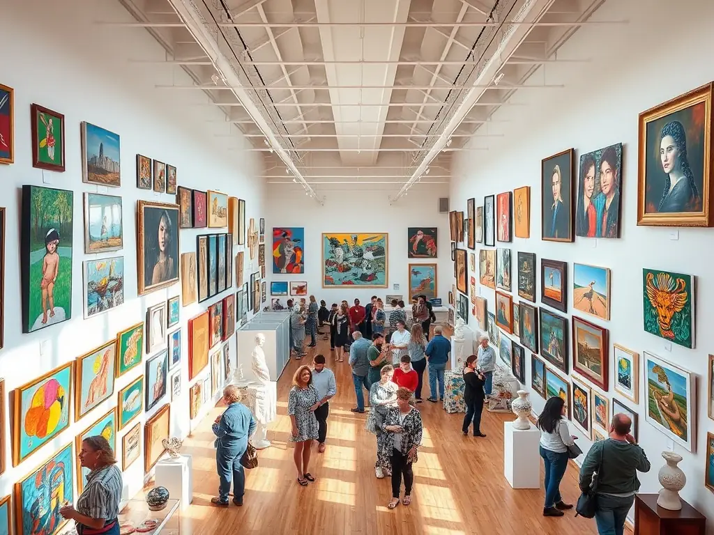 A photograph of a successful art exhibition featuring works from local artists, highlighting the promotion of diverse artistic expressions.