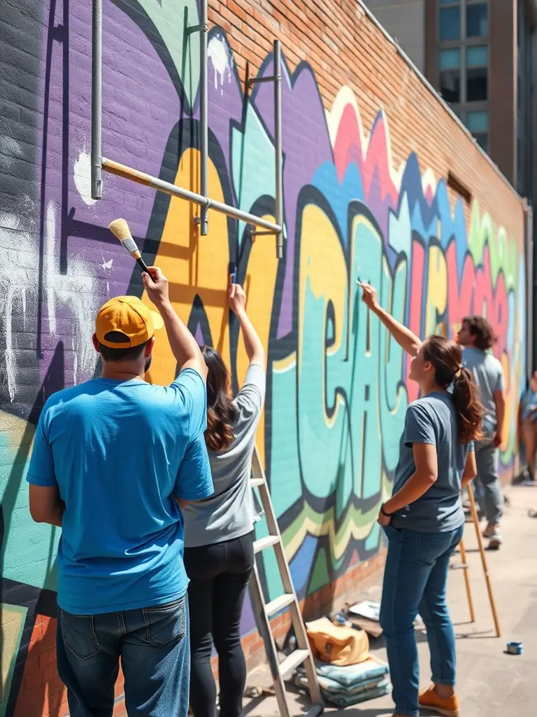 A vibrant photograph capturing a group of children participating in a UNKUBART-led art workshop, painting colorful murals on a community building wall, showcasing creativity and community engagement.