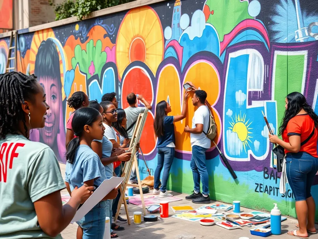 A vibrant image showcasing participants engaged in a collaborative mural painting project, reflecting community involvement and artistic expression.