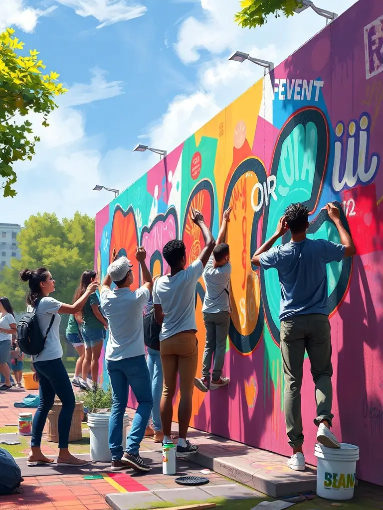 A vibrant image of a community mural project in progress, showing artists and local residents collaborating on a large-scale artwork on a building wall.