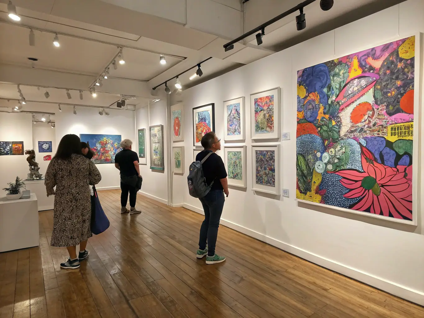 A dynamic image of a contemporary art exhibition organized by UNKUBART, featuring diverse artworks and a diverse audience, highlighting the organization's role in promoting contemporary artistic practices.