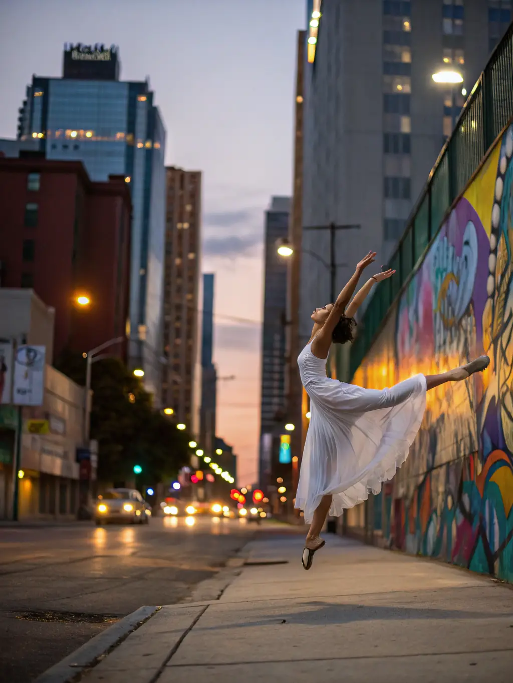 A dynamic image of a UNKUBART-sponsored contemporary dance performance in a public square, with dancers in motion and an engaged audience, emphasizing the accessibility of art.