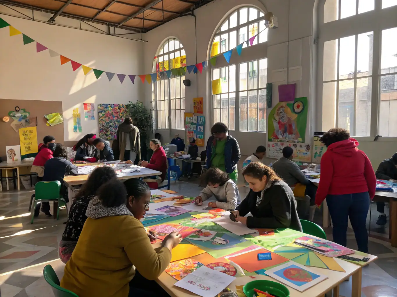 A vibrant community art workshop in progress, with participants of all ages engaged in painting and sculpting, showcasing UNKUBART's commitment to accessible art education.